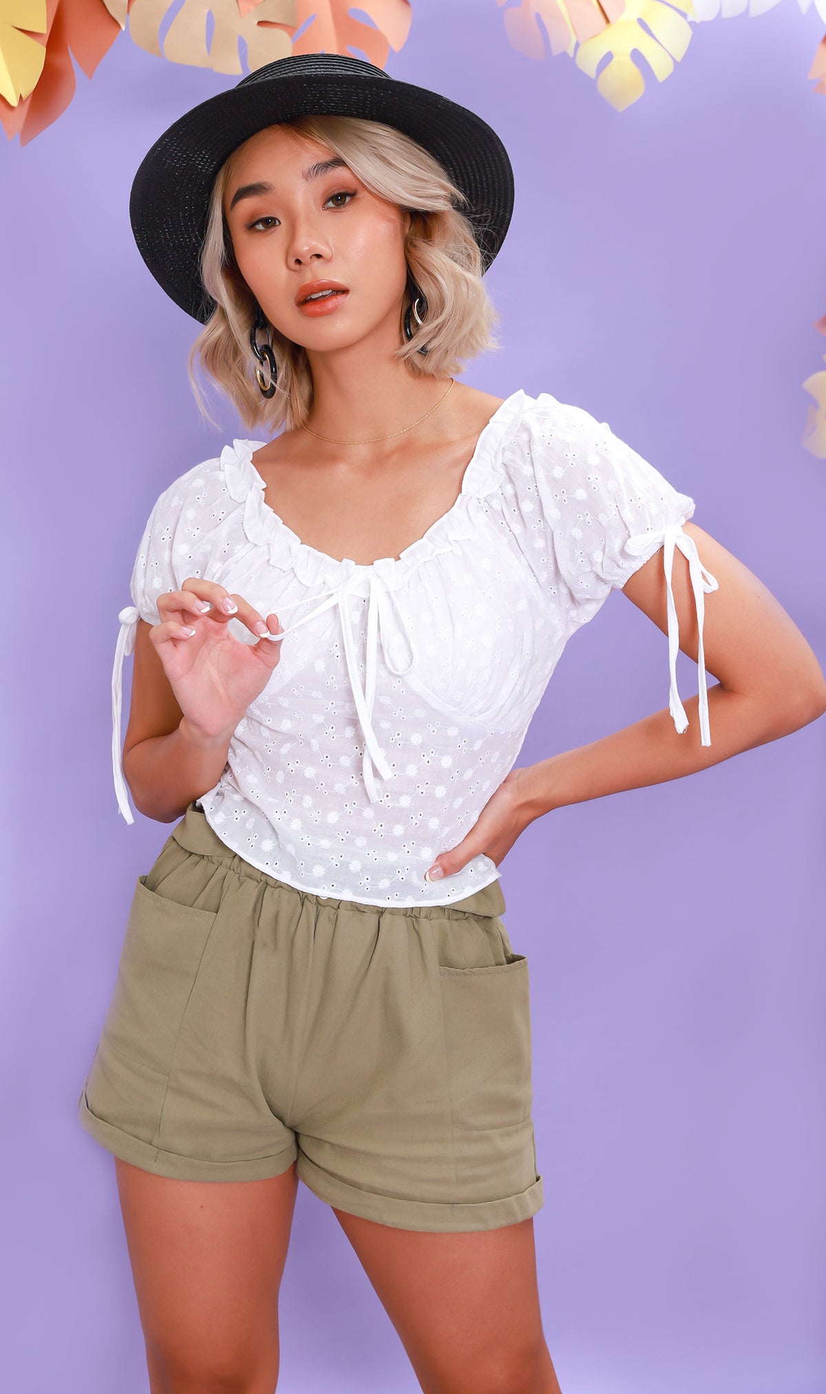 ELOISE Puff-Sleeve Eyelet Top (White)