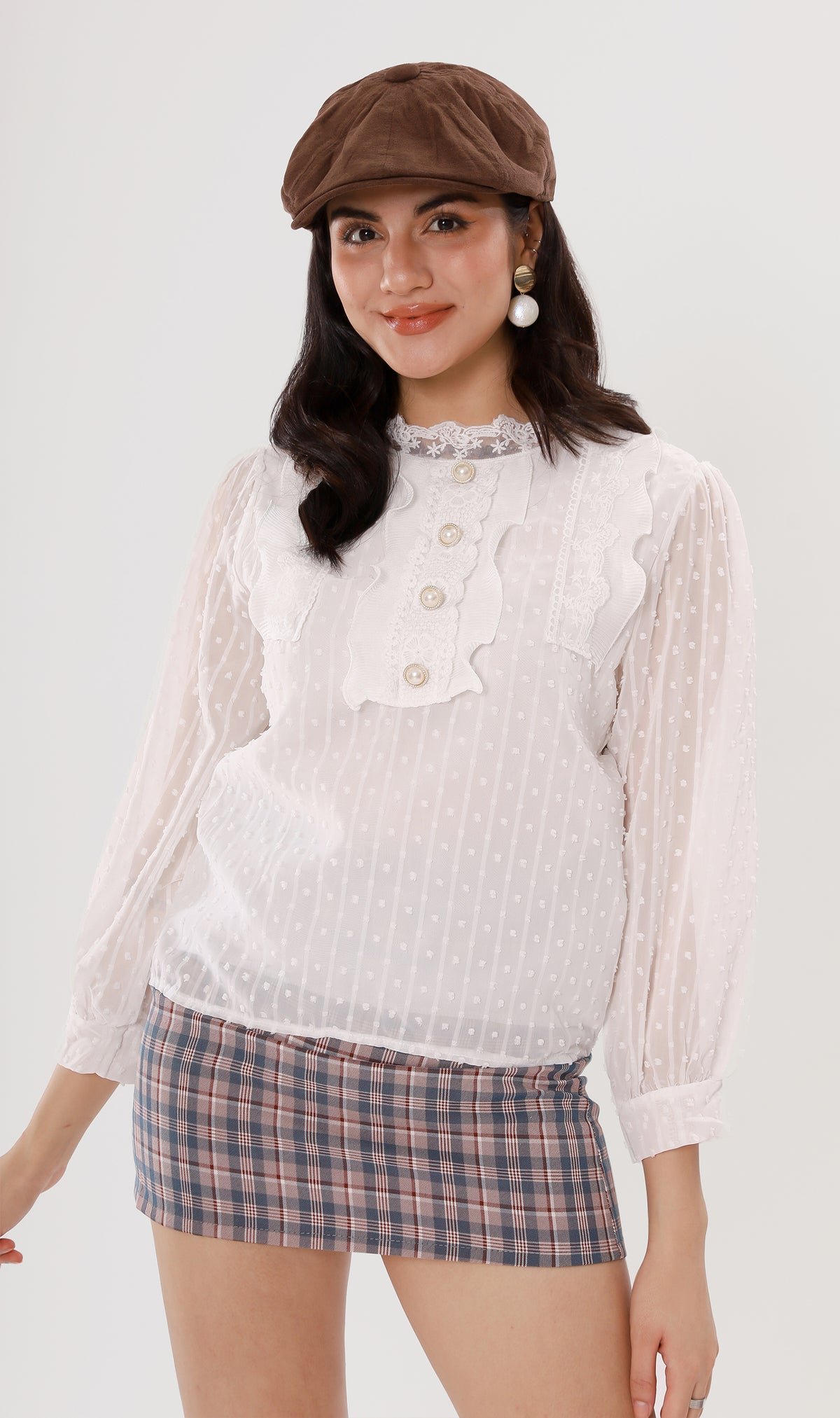 ALORA Lace-Trimmed Long-Sleeve Top (White)