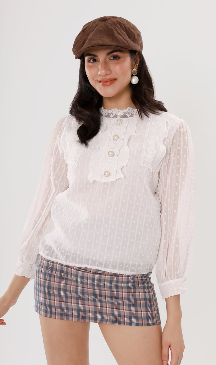ALORA Lace-Trimmed Long-Sleeve Top (White)