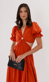 PHAYRE Cut-Out Puff-Sleeve Midi Dress (Fire)