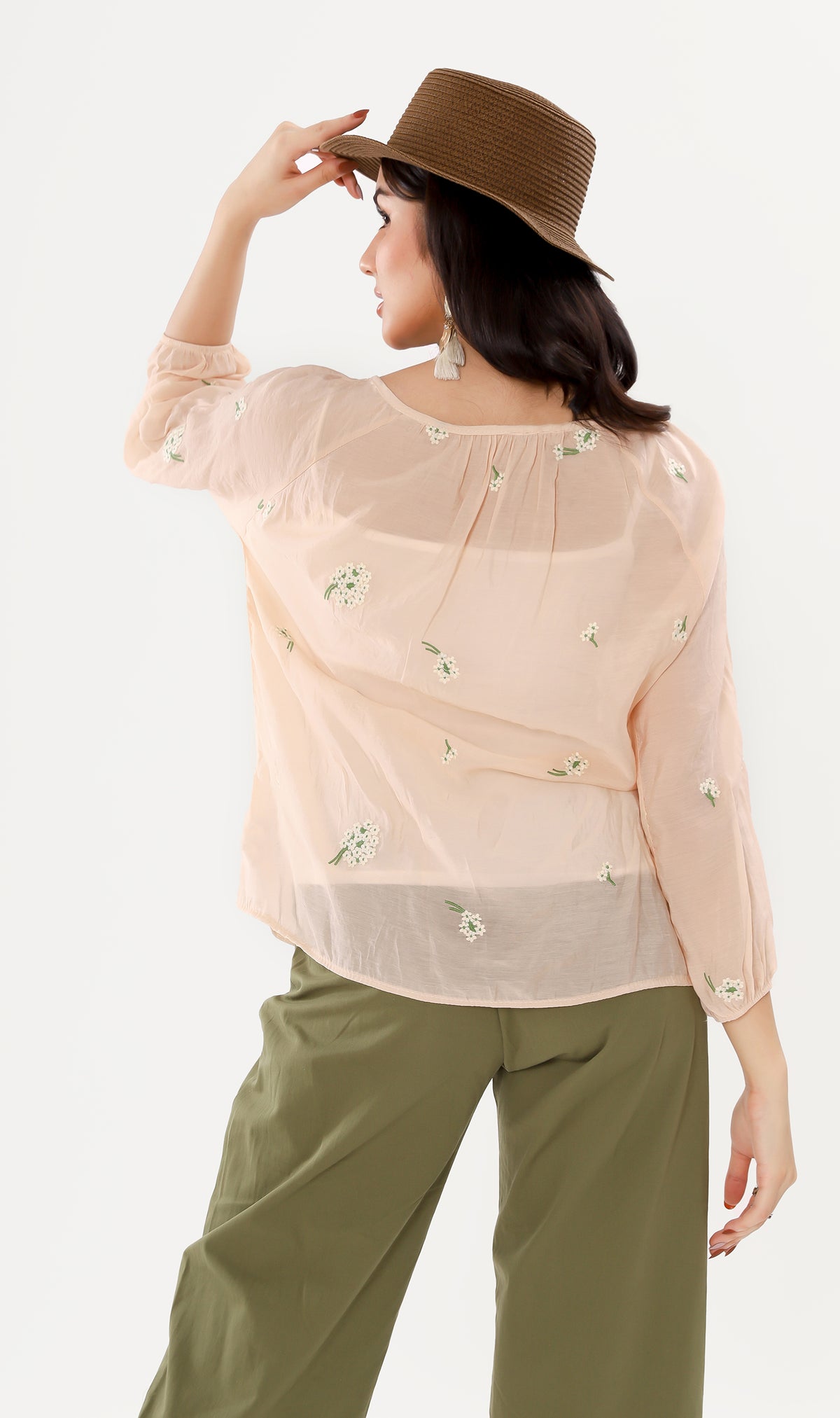 FLEUR Sheer Long-Sleeve Top (Peach)