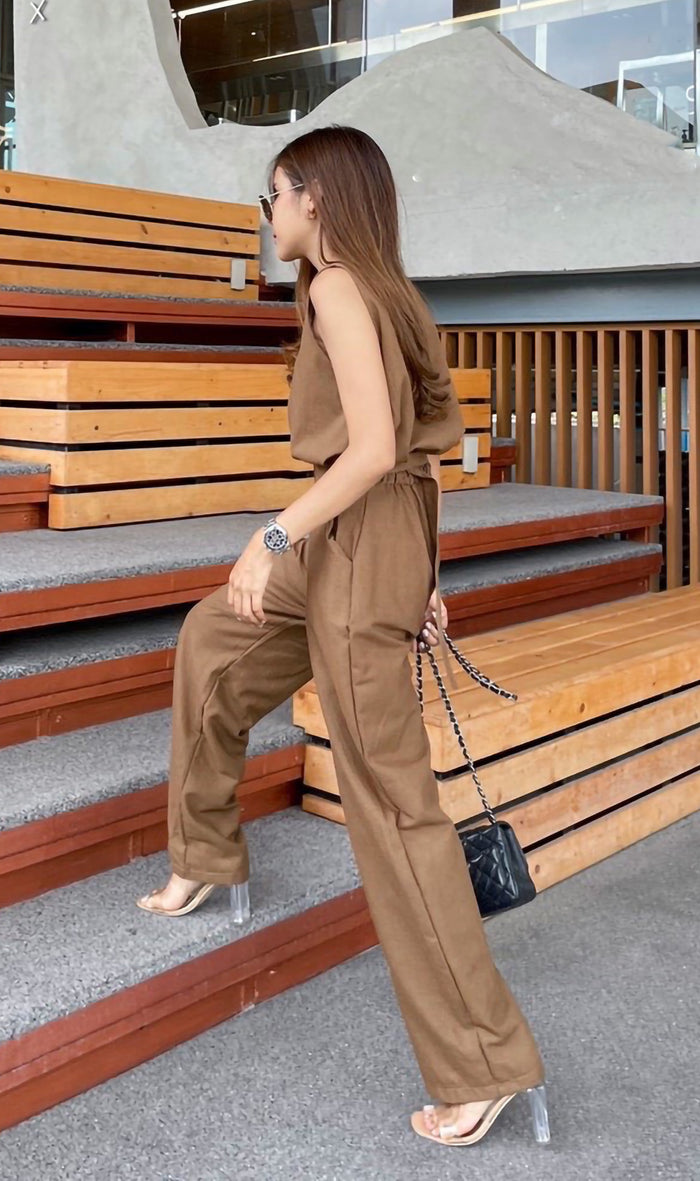 WILLA Linen Sleeveless Top & Belted Pants Co-ord (Mocha)