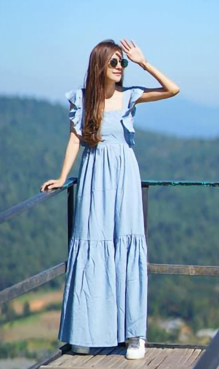 CAMDEN Ruffled-Sleeve Maxi Dress (Sky Blue)