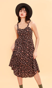 CRESSIDA Floral Lace-Up Midi Dress (Black)