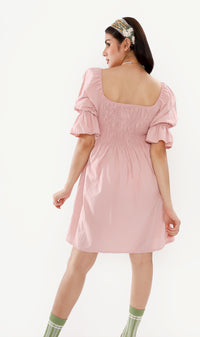 REYA Smocked Puff-Sleeve Linen Dress (Blush)