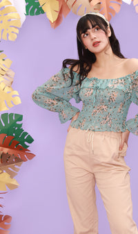 MARINA Long-Sleeve Frill Top (Pale Turquoise)
