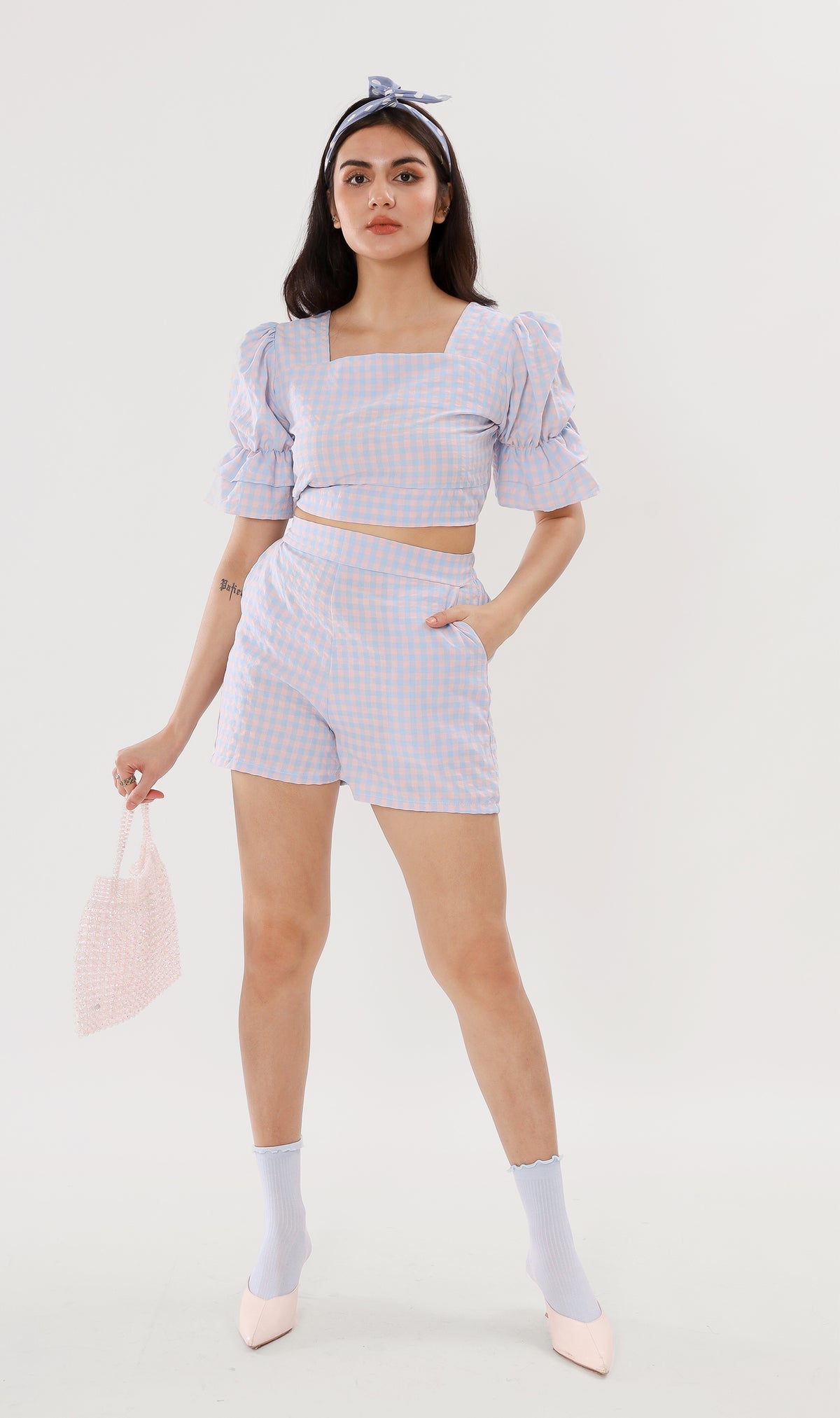 ZENNI Cropped Plaid Co-ord (Pastel Blue)