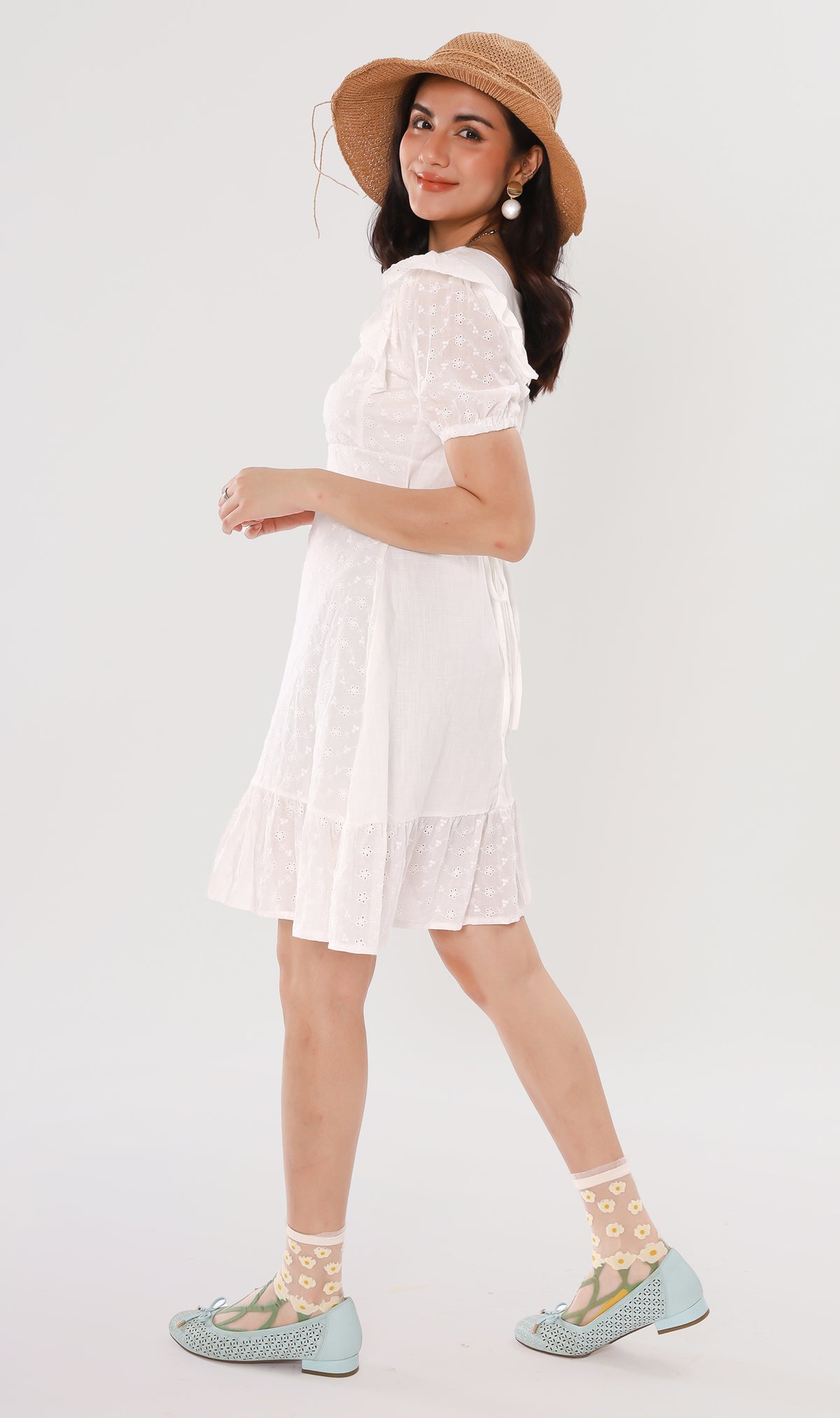 YUKI Ruffled-Sleeve Eyelet Dress