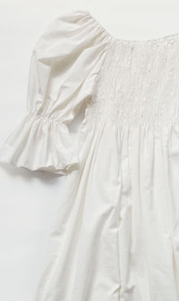 REYA Smocked Puff-Sleeve Linen Dress (White)