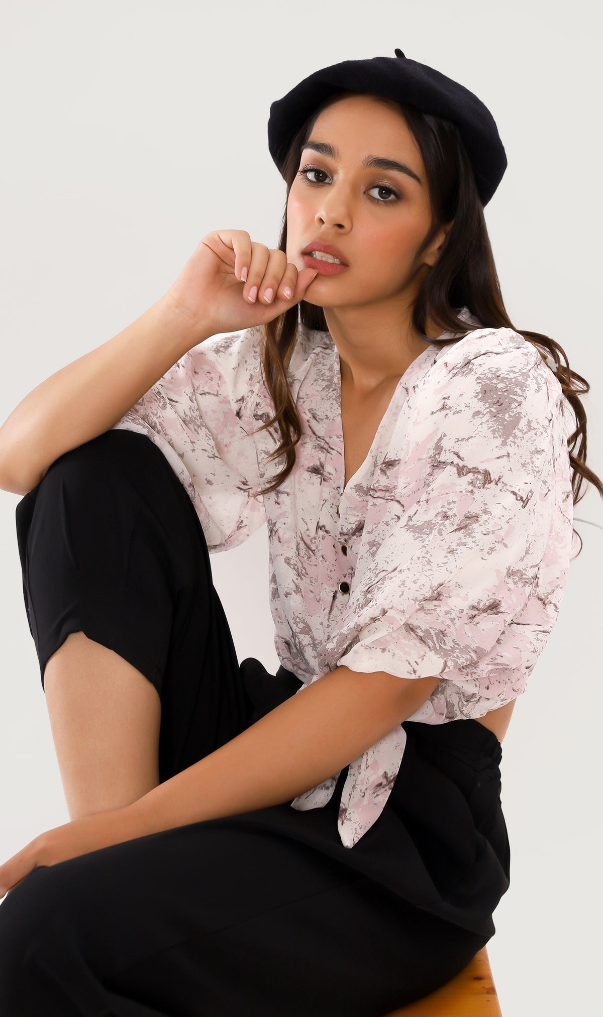 DEVIKA Tie-Waist Puff Sleeve Top (Blush)