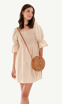 REYA Smocked Puff-Sleeve Linen Dress (Nude)