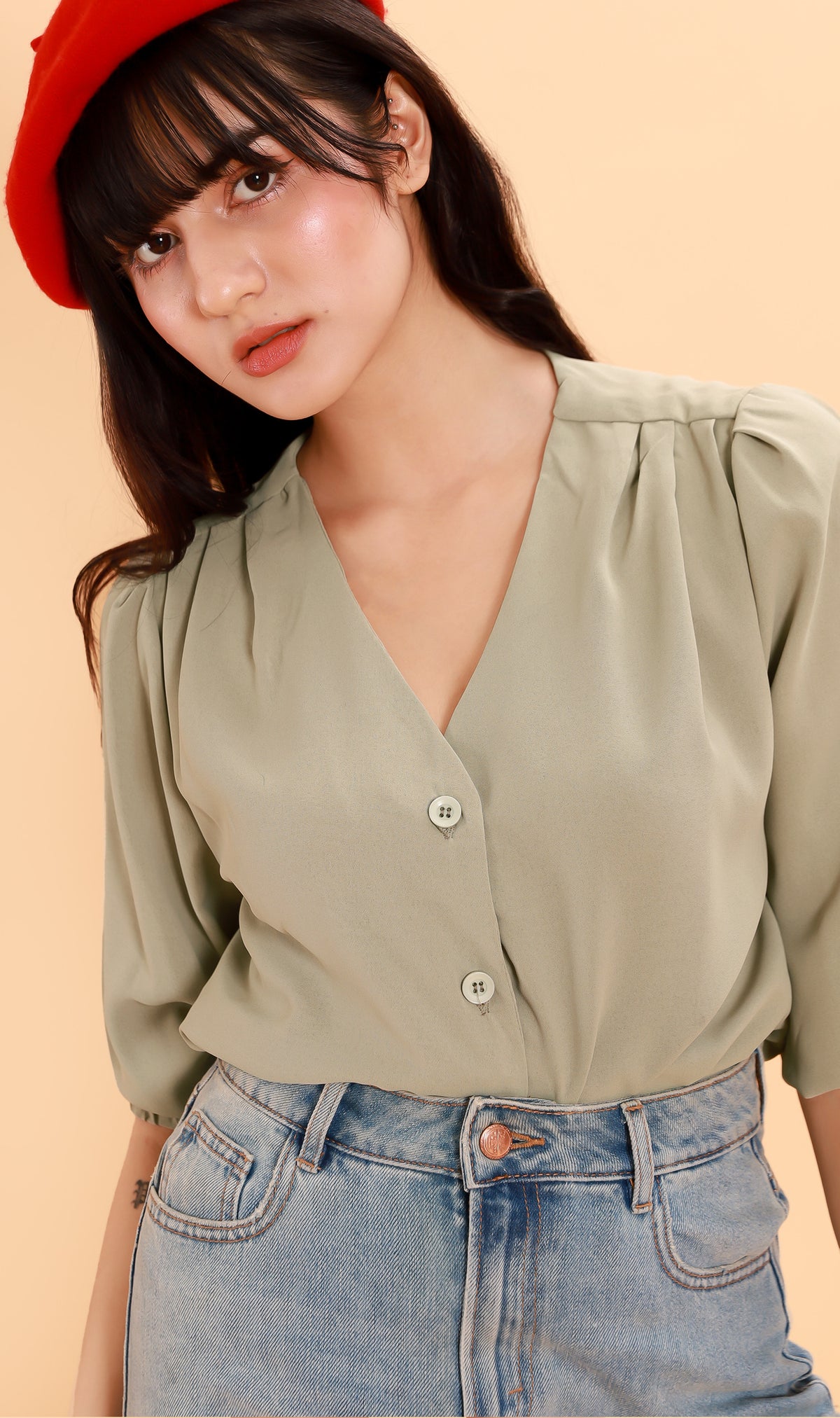 STELLA Button-Down Long-Sleeve Top (Sage)