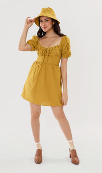 QUINCY Ruched Puff-Sleeve Dress w/ Hat (Mustard)
