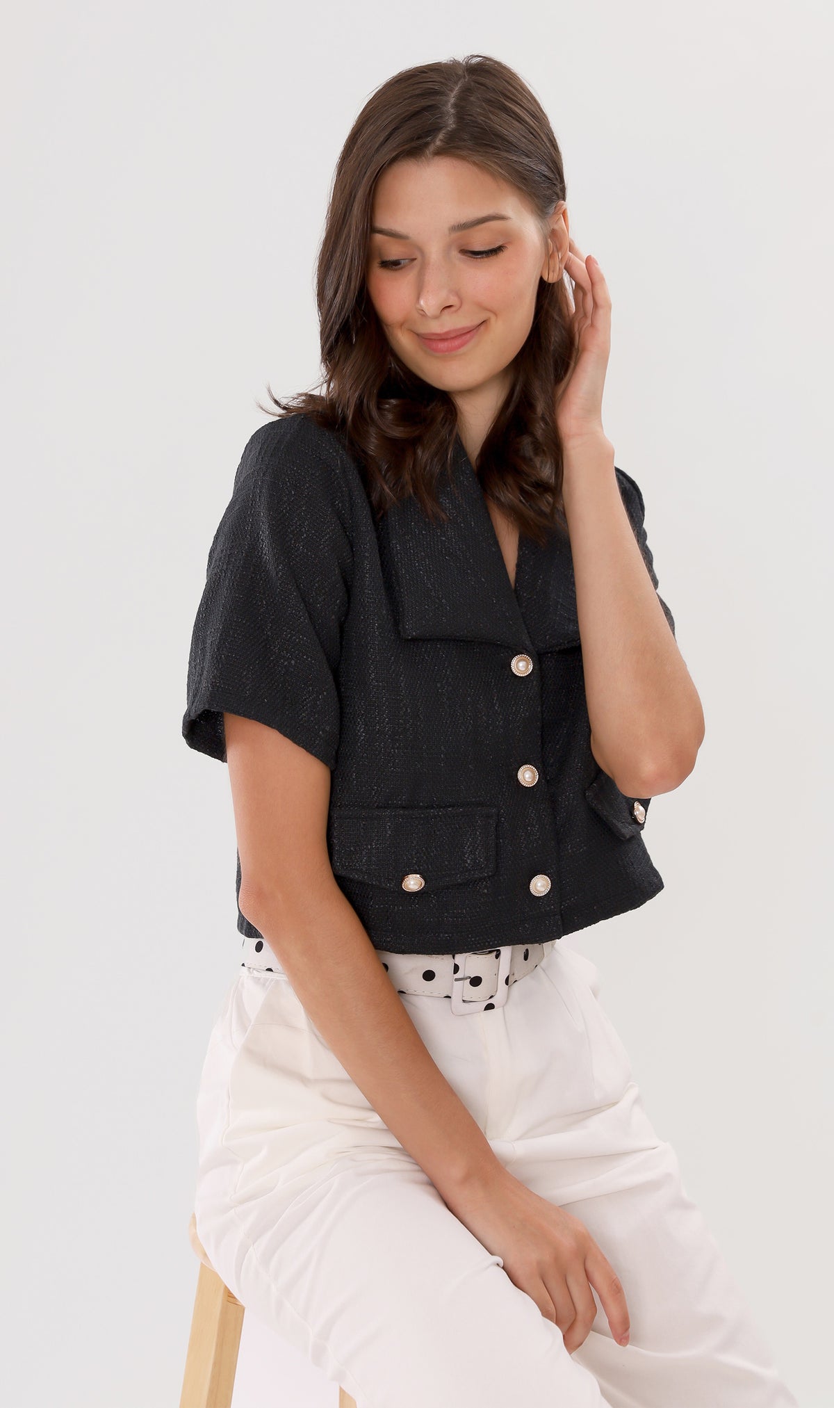 DIONNE Wide-Collar Tweed Blazer Top (Black)