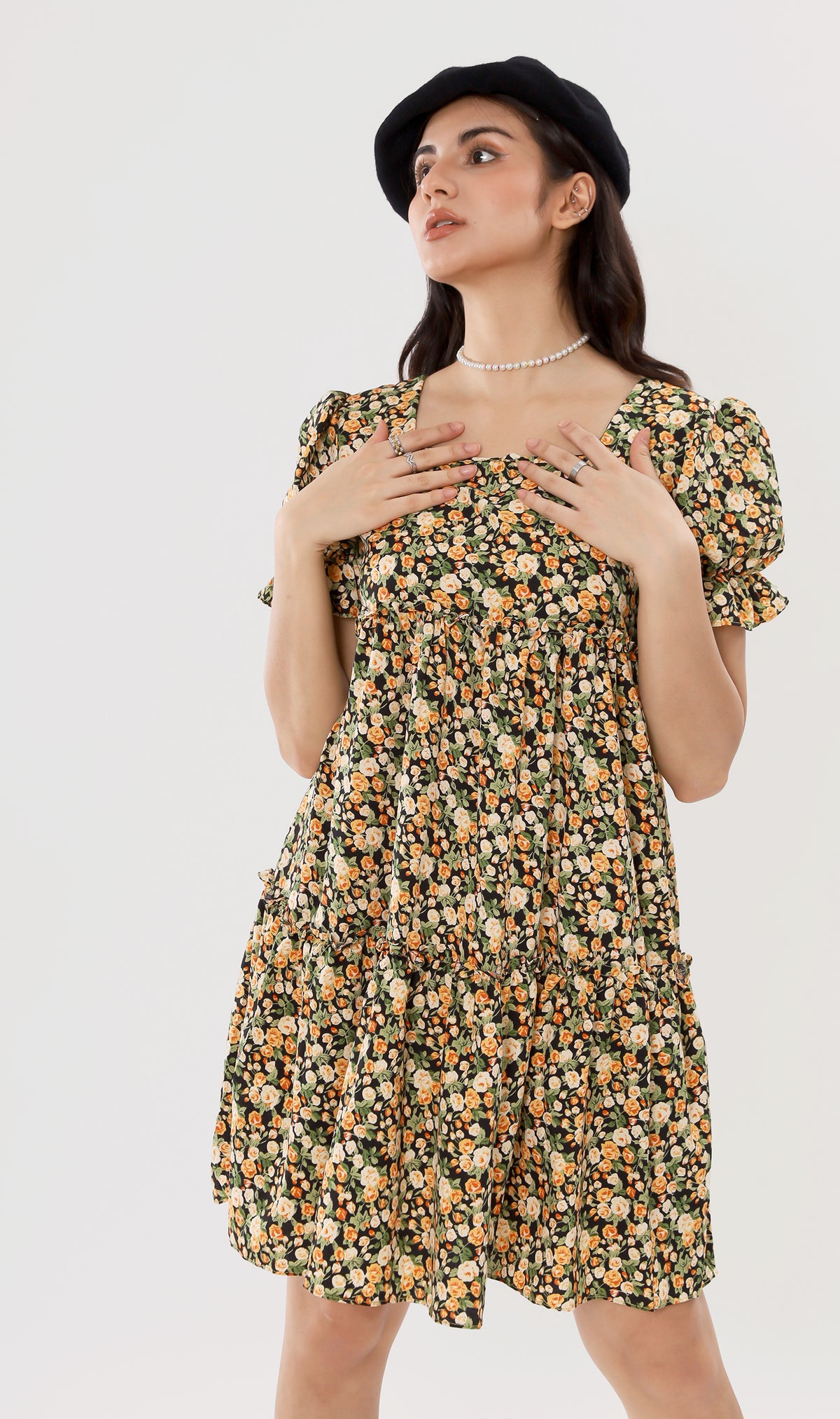 JADE Tiered Puff-Sleeve Dress (Black)