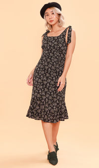 LUCINDA Tie-Strap Mermaid Midi Dress (Black)