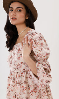 VALERIE Tiered-Sleeve Floral Dress (Cream)