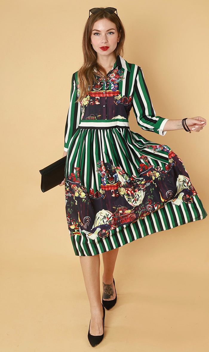QUINCE Long-Sleeve Collared Dress (Green)