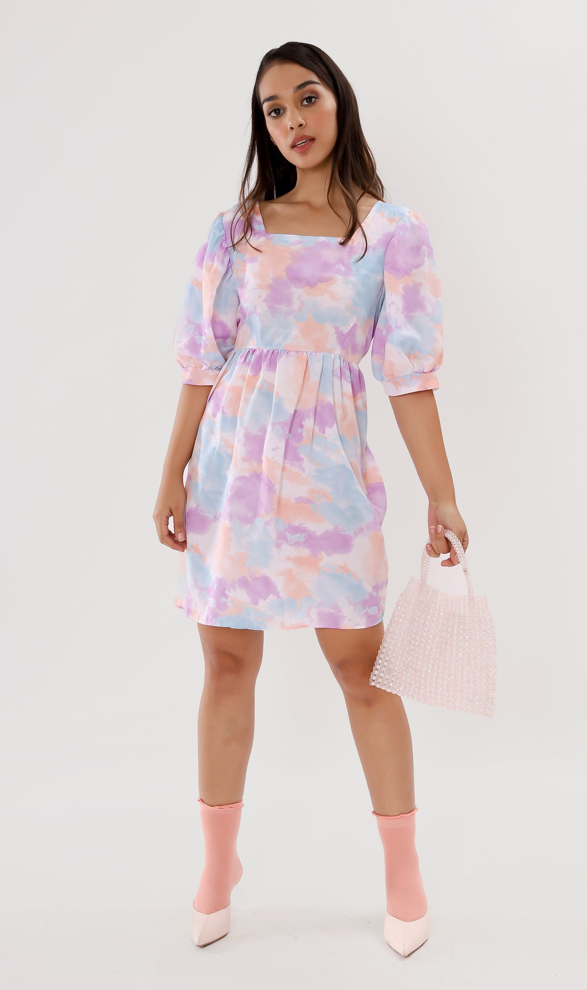 EFFIE Pastel Puff-Sleeve Dress (Purple)