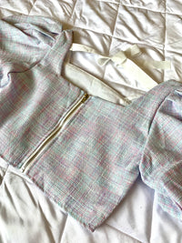 SASHA Tweed Puff-Sleeve Crop Top (Purple)