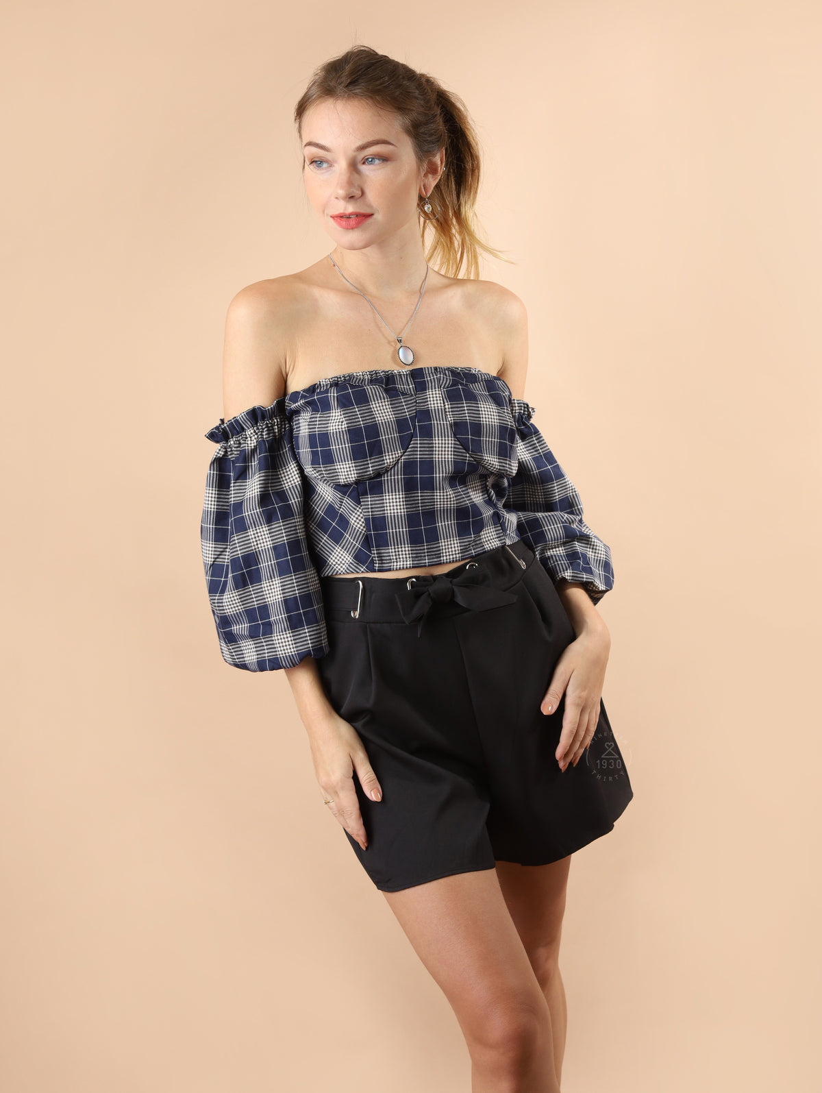 REESE Plaid Off-Shoulder Crop Top (Navy)