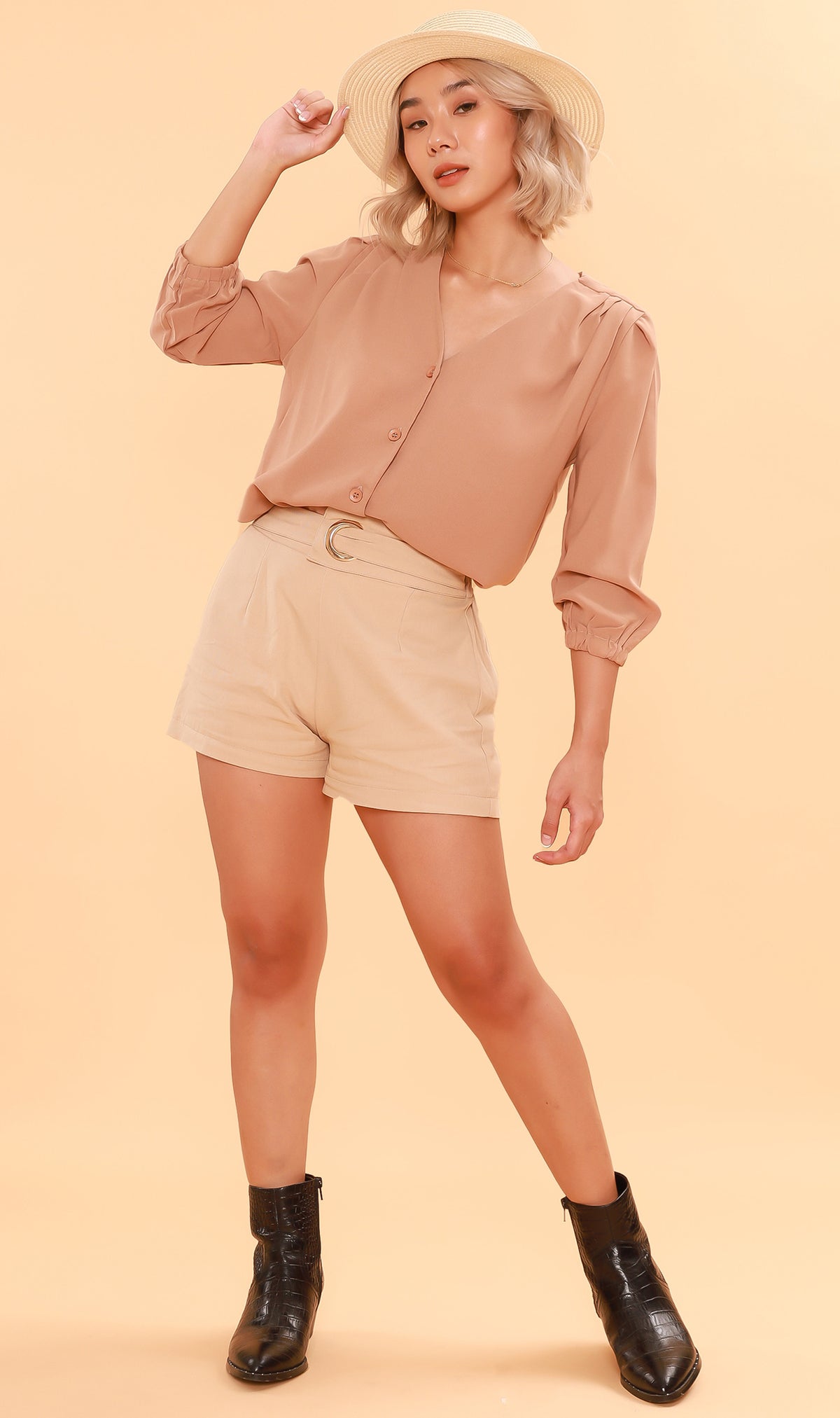 STELLA Button-Down Long-Sleeve Top (Nude)