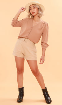 STELLA Button-Down Long-Sleeve Top (Nude)