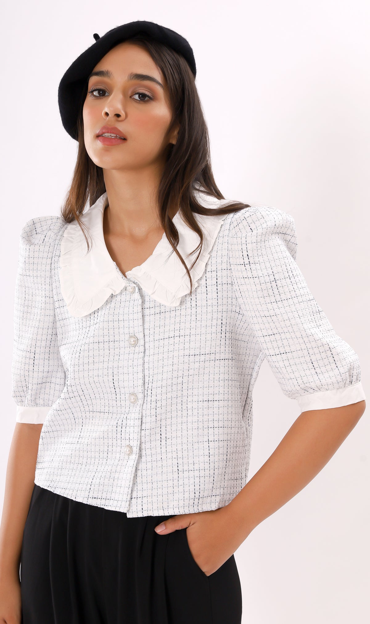 FAY Prairie-Collar Tweed Blazer Top(Powder)