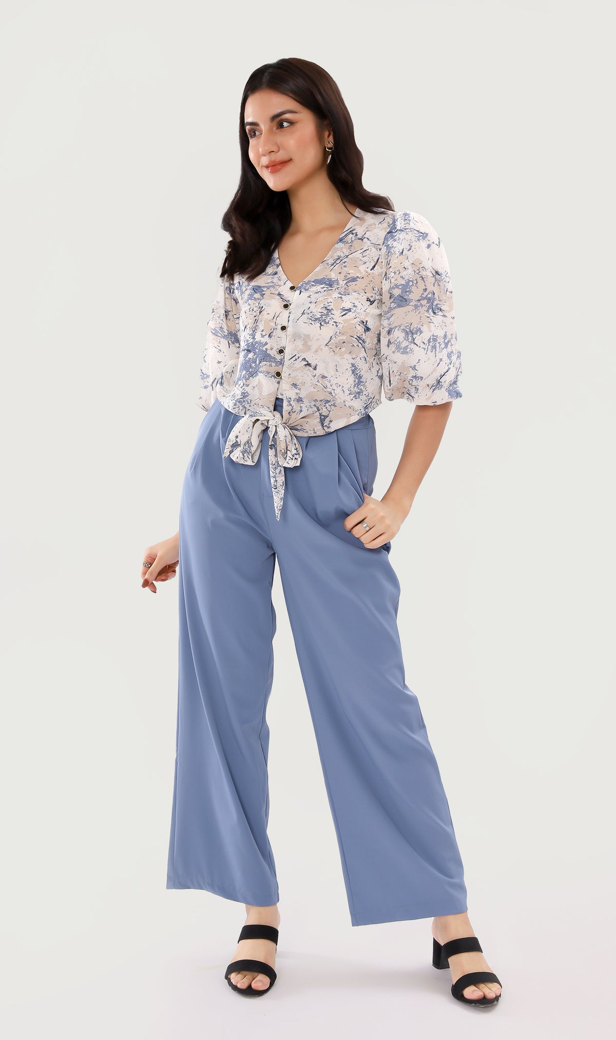 DEVIKA Tie-Waist Puff Sleeve Top (Blue)