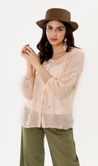 FLEUR Sheer Long-Sleeve Top (Peach)