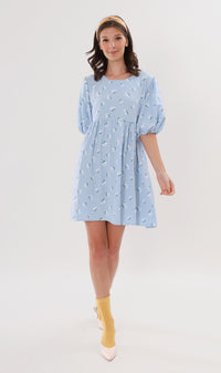 YANA Floral-Print Puff-Sleeve Babydoll Dress w/ Bag (Powder Blue)