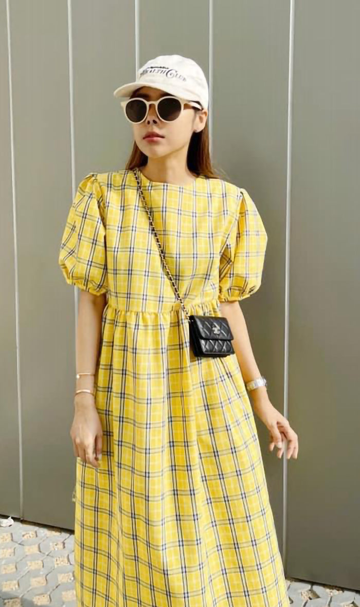 HAISLEY Puff-Sleeve Plaid Maxi Dress (Yellow)