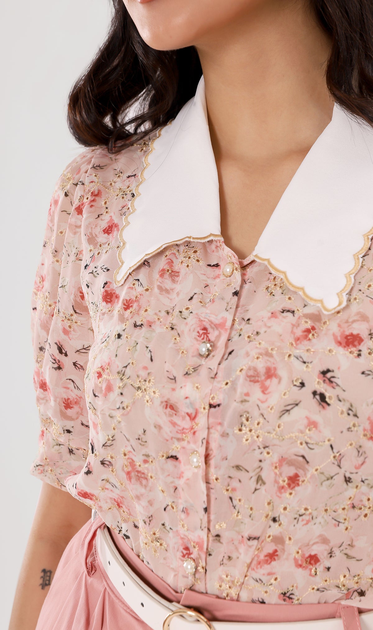 FARRAH Vintage-Collar Chiffon Button-Down (Blush)