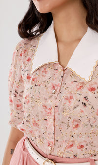 FARRAH Vintage-Collar Chiffon Button-Down (Blush)