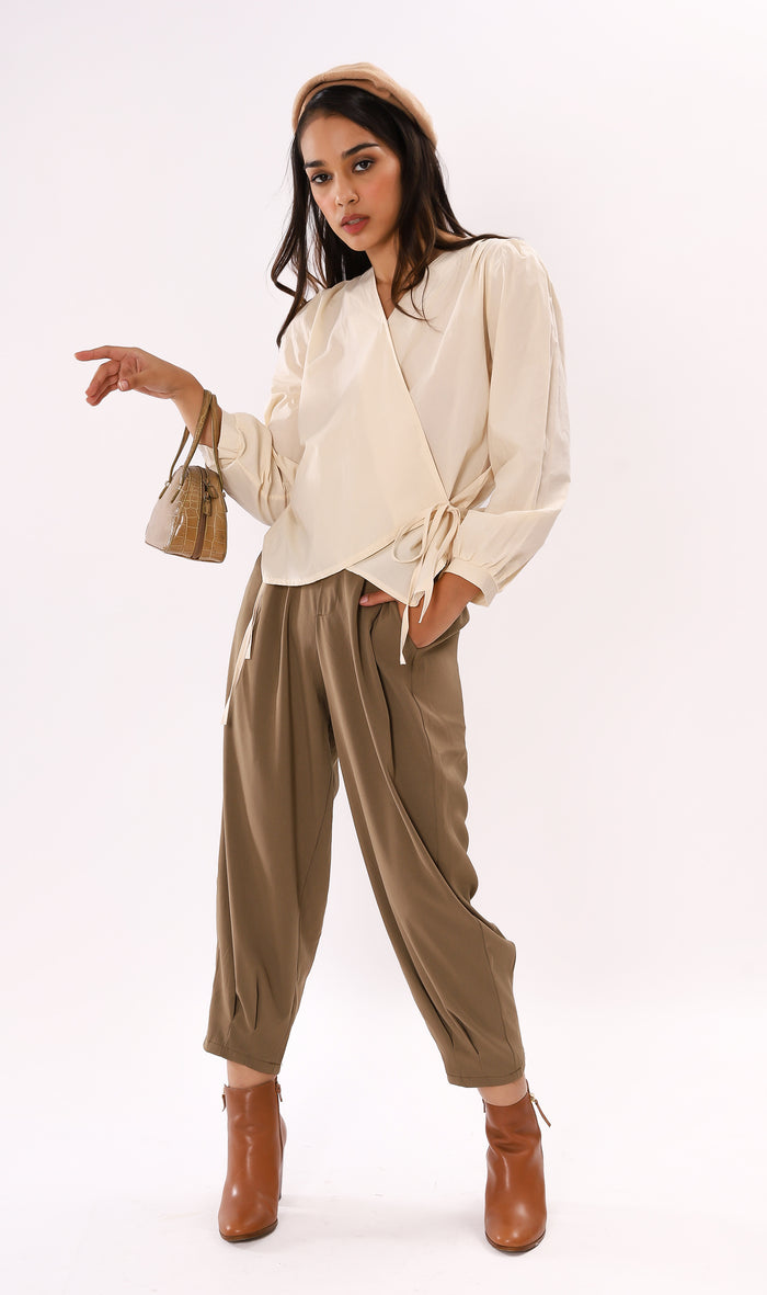 DESI Wrap-Front Long-Sleeve Top (Cream)