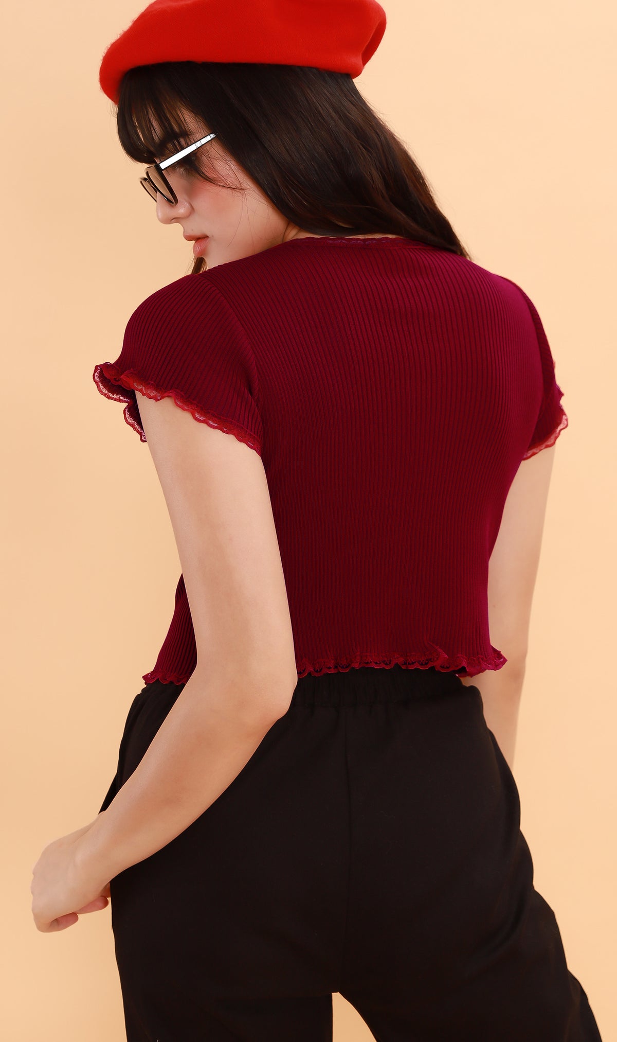 ABBY Lace-Trimmed Knit Crop Top (Ox Blood)
