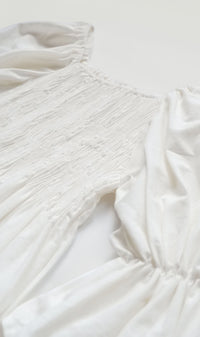 REYA Smocked Puff-Sleeve Linen Dress (White)