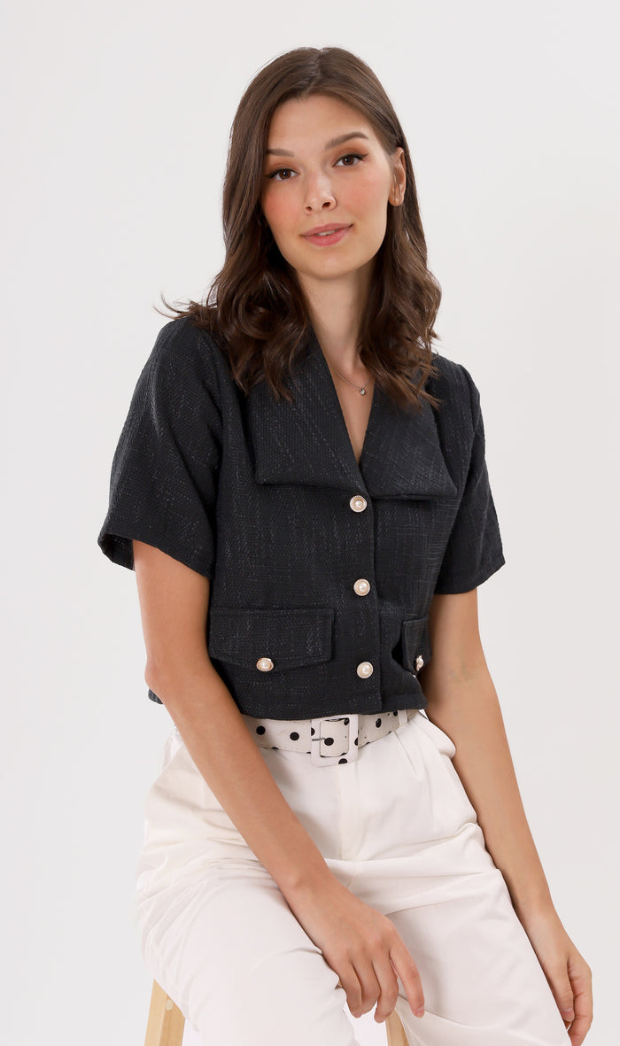 DIONNE Wide-Collar Tweed Blazer Top (Black)