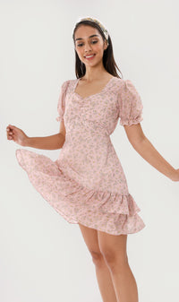 CRYSTAL Puff-Sleeve Ruffled Dress (Blush)