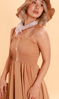 GENEVIEVE Smocked Midi Dress (Latte Brown)