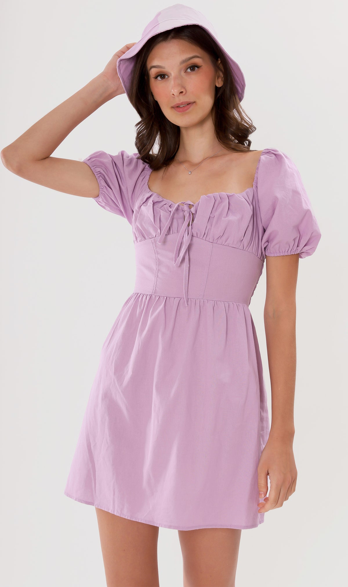 QUINCY Ruched Puff-Sleeve Dress w/ Hat (Lilac)