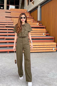 LILLIAN Linen Button-down Top & Pants Co-ord (Olive Green)