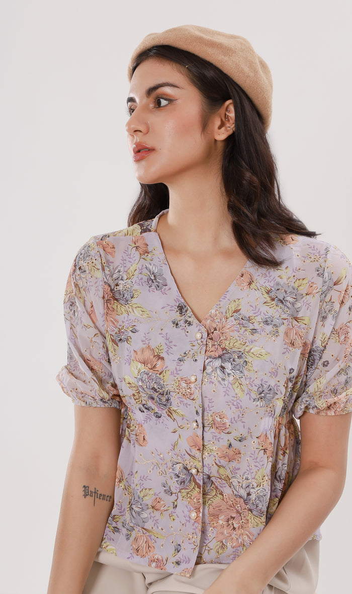 YNA Button-Down Embroidered Chiffon Top (Lilac)