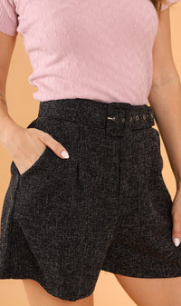 LUCILLE Tweed Belted Shorts (Black)