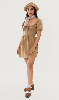 QUINCY Ruched Puff-Sleeve Dress w/ Hat (Mocha Brown)
