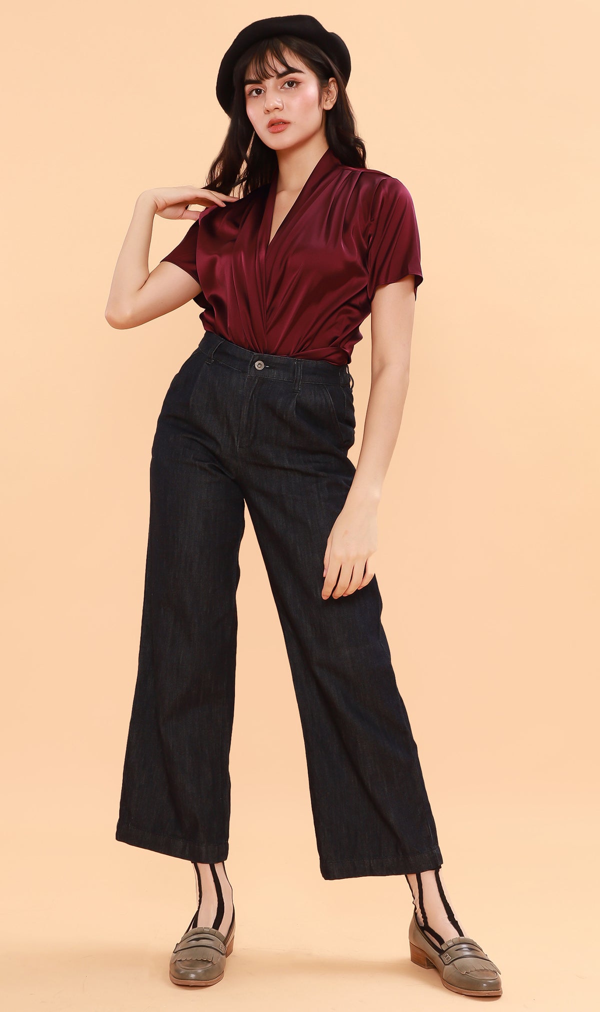 ROSALIE Satin Surplice Top (Wine)