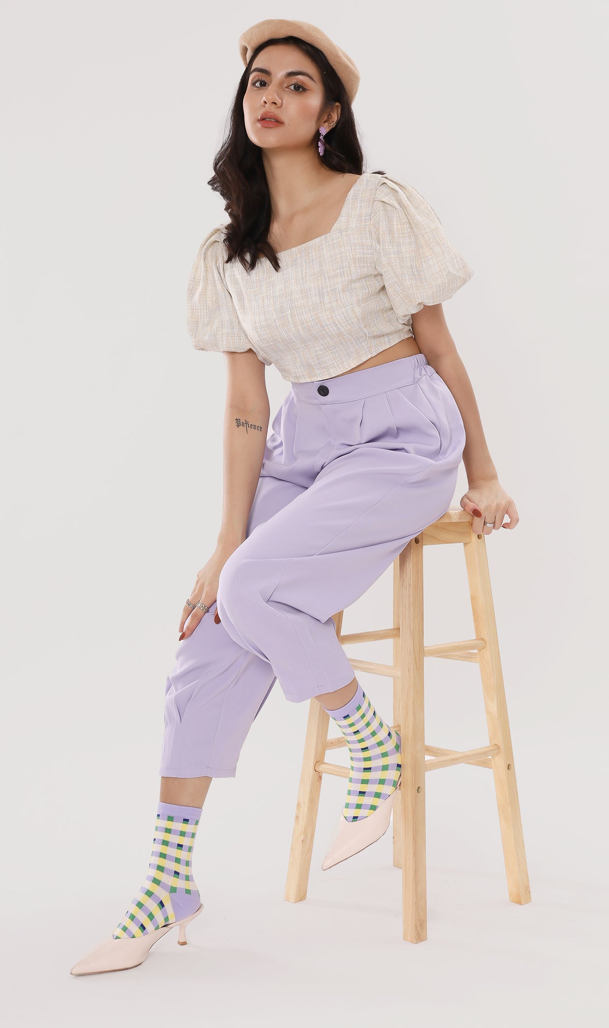 SASHA Tweed Puff-Sleeve Crop Top (Oat)