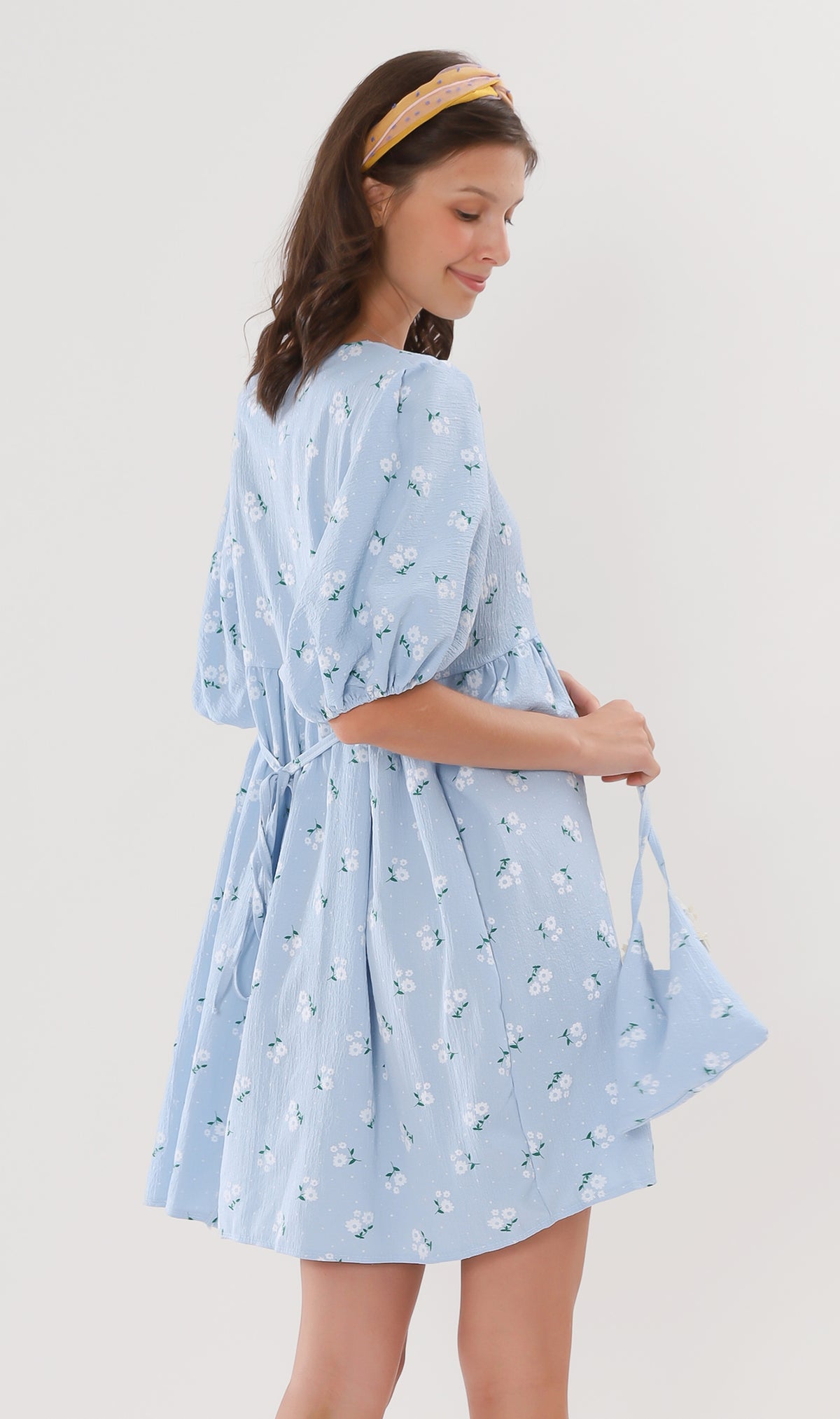 YANA Floral-Print Puff-Sleeve Babydoll Dress w/ Bag (Powder Blue)