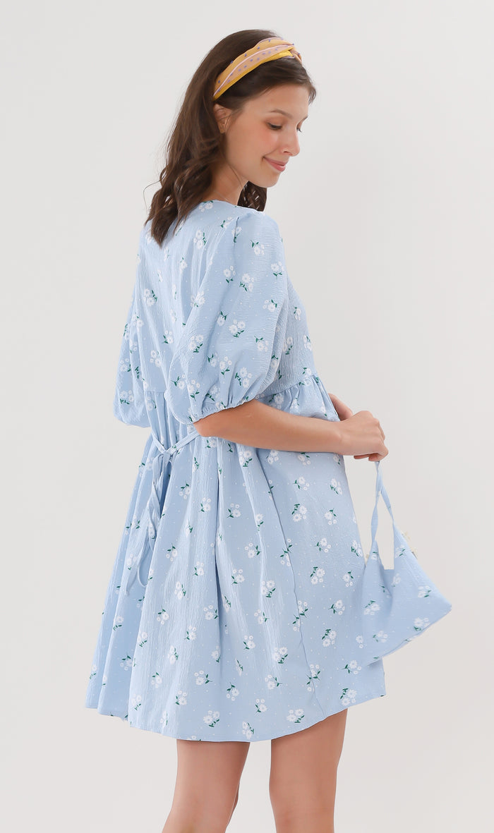 YANA Floral-Print Puff-Sleeve Babydoll Dress w/ Bag (Powder Blue)