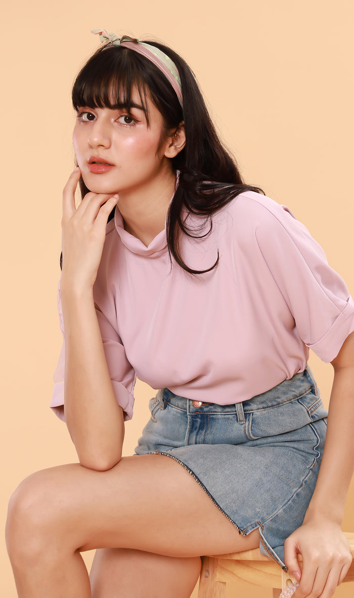 LIVIA Buttoned Mock-Neck Top (Taffy)